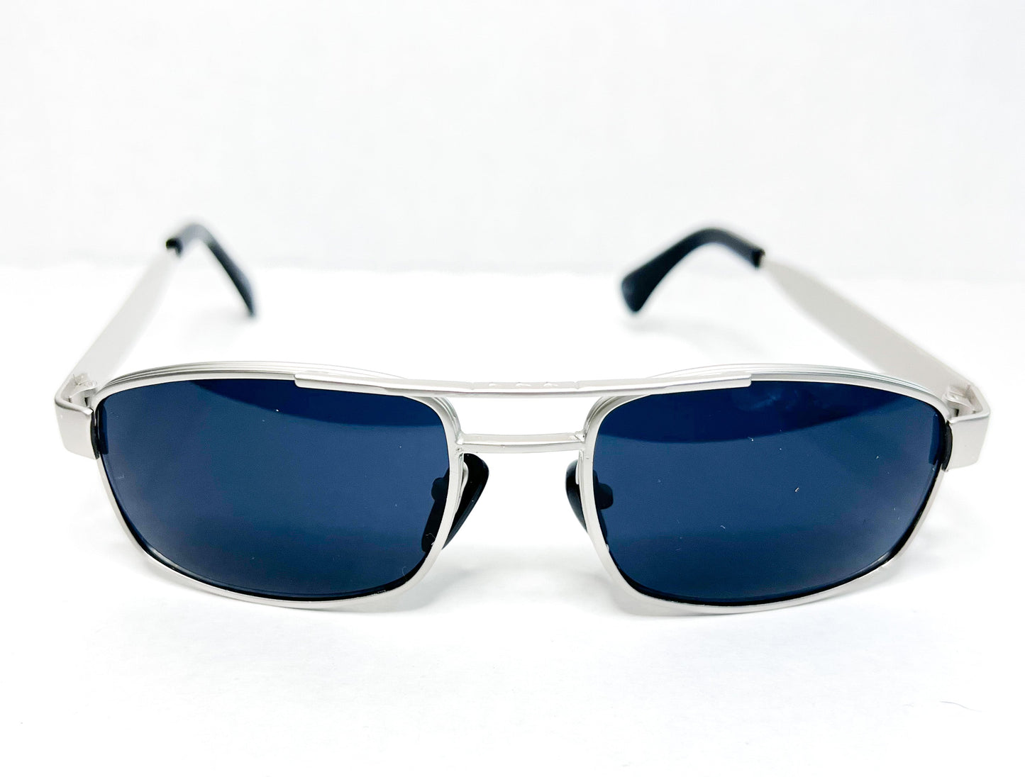 SX 90s square chrome sunglasses with dark blue lens